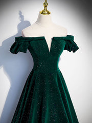 Prom Dresses Designers, A-Line Off Shoulder Velvet Long Prom Dresses, Green Velvet Graduation Dress