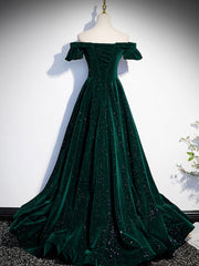 Prom Dress Designs, A-Line Off Shoulder Velvet Long Prom Dresses, Green Velvet Graduation Dress