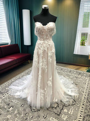 Wedding Dress Trend, A-line Off-the-Shoulder Appliques Lace Court Train Tulle Wedding Dress