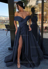 Rustic Wedding, A-line Off-the-Shoulder Cap Straps Sweep Train Satin Prom Dress With Pleated Split