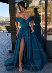 Dream Wedding, A-line Off-the-Shoulder Cap Straps Sweep Train Satin Prom Dress With Pleated Split