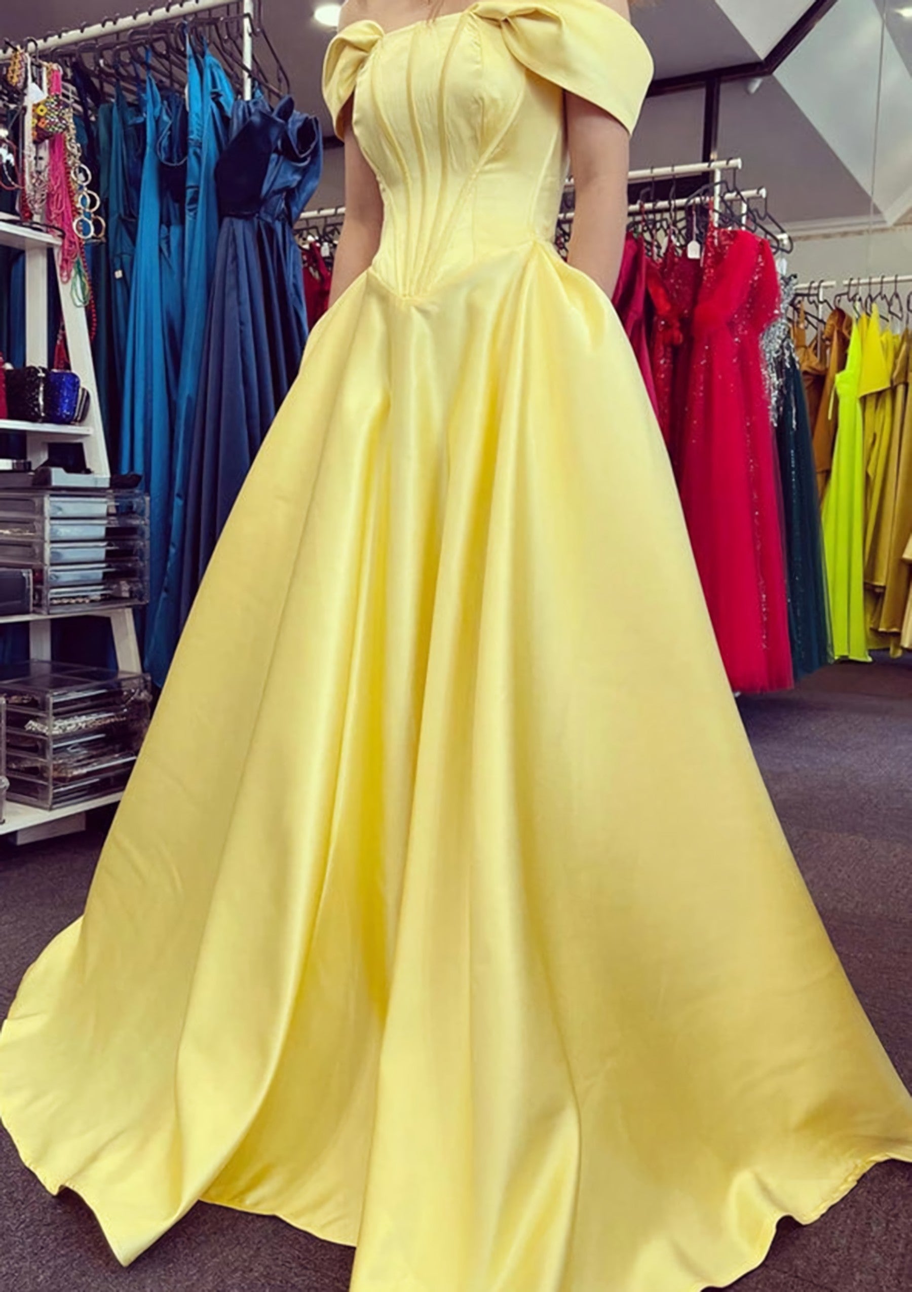 Party Dress For Wedding, A-line Off-the-Shoulder Strapless Long/Floor-Length Satin Prom Dress With Pleated Pockets