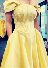 Party Dresses For Wedding, A-line Off-the-Shoulder Strapless Long/Floor-Length Satin Prom Dress With Pleated Pockets