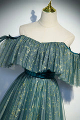 Evening Dresses Unique, A-Line Off the Shoulder Tulle Long Prom Dress, Green Evening Party Dress