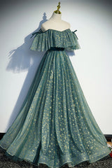 Evening Dresses Gowns, A-Line Off the Shoulder Tulle Long Prom Dress, Green Evening Party Dress