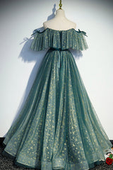 Evening Dresses Simple, A-Line Off the Shoulder Tulle Long Prom Dress, Green Evening Party Dress