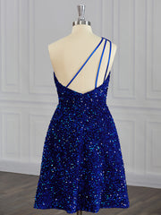 Prom Dresses Gowns, A-line One-Shoulder Sequin Short/Mini Velvet Sequins Dress