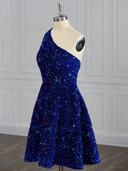 Prom Dress Gowns, A-line One-Shoulder Sequin Short/Mini Velvet Sequins Dress