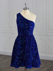 Prom Dresses Gown, A-line One-Shoulder Sequin Short/Mini Velvet Sequins Dress