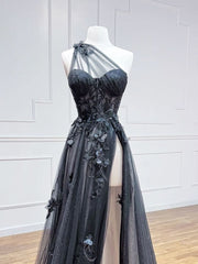 Homecoming Dress Sparkle, A-Line One Shoulder Tulle Black Long Prom Dress, Black Formal Evening Dress