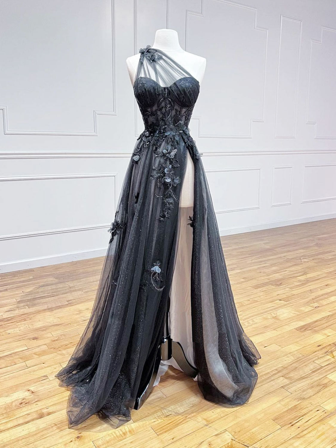 Homecoming Dress Sparkles, A-Line One Shoulder Tulle Black Long Prom Dress, Black Formal Evening Dress