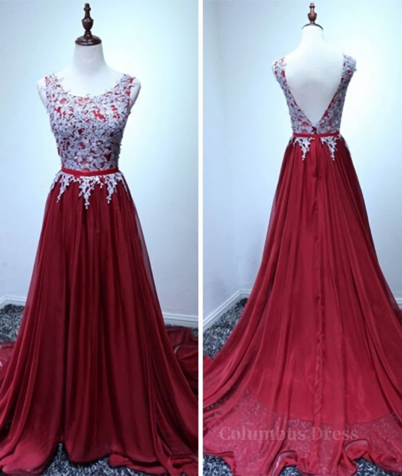 Bridesmaids Dresses Colorful, A Line Open Back Lace Burgundy Prom Dresses, Burgundy Formal Dresses