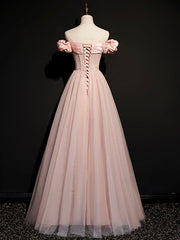 Party Dress Roman, A line Pink Long Prom Dresses, Pink Tulle Formal Graduation Dresses With Beading