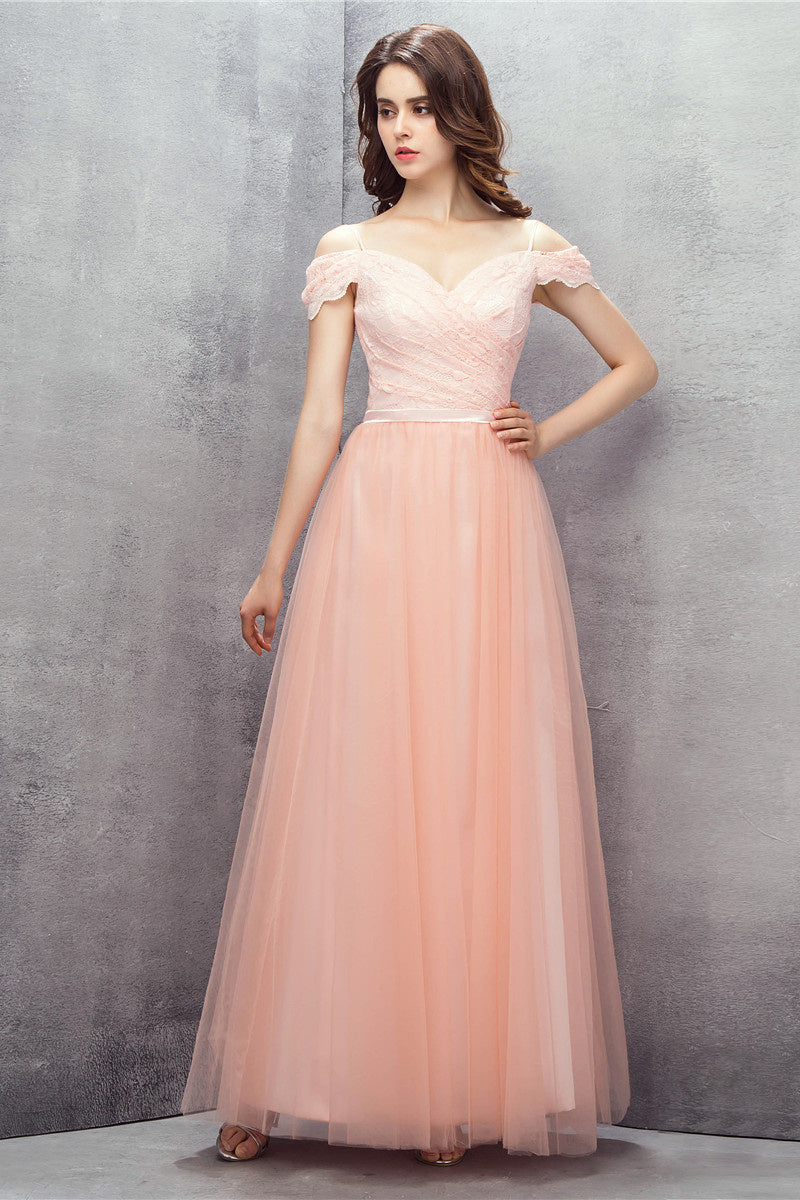 Party Dress For Over 76, A-line Pink Off Shoulder Lace Prom Dresses