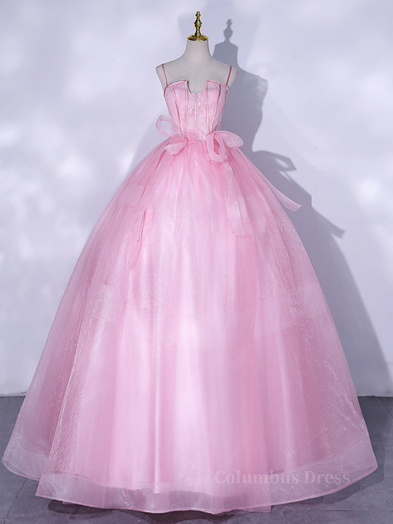 Prom Dress Long Sleeve Ball Gown, A-Line Pink Tulle Lace Long Prom Dress, Pink Formal Dresses