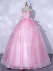 Prom Dress Long Sleeve Ball Gown, A-Line Pink Tulle Lace Long Prom Dress, Pink Formal Dresses