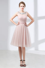 Evening Dress Simple, A-Line Pink Tulle Lace Pleats Knee Length Homecoming Dresses