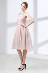 Evening Dresses Princess, A-Line Pink Tulle Lace Pleats Knee Length Homecoming Dresses