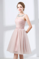 Evening Dresses Classy, A-Line Pink Tulle Lace Pleats Knee Length Homecoming Dresses