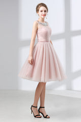 Evening Dresses 2048, A-Line Pink Tulle Lace Pleats Knee Length Homecoming Dresses