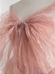 Prom Dresses Sage Green, A-Line Pink Tulle Sequin Long Prom Dresses, Pink Formal Evening Dresses