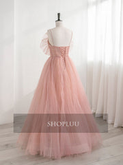 Prom Dresses Orange, A-Line Pink Tulle Sequin Long Prom Dresses, Pink Formal Evening Dresses