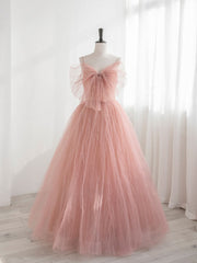 Prom Dress Long Sleeve Ball Gown, A-Line Pink Tulle Sequin Long Prom Dresses, Pink Formal Evening Dresses