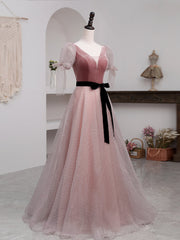 Prom Dresses Long Navy, A-Line Pink Tulle Velvet Long Prom Dress, Pink Formal Dresses