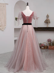 Prom Dresses Light Blue Long, A-Line Pink Tulle Velvet Long Prom Dress, Pink Formal Dresses