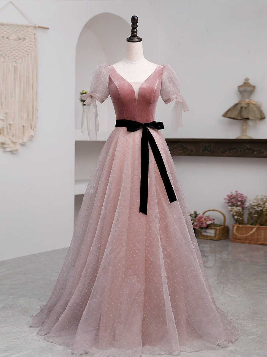 Bridesmaid Dress, A-Line Pink Tulle Velvet Long Prom Dress, Pink Formal Dresses