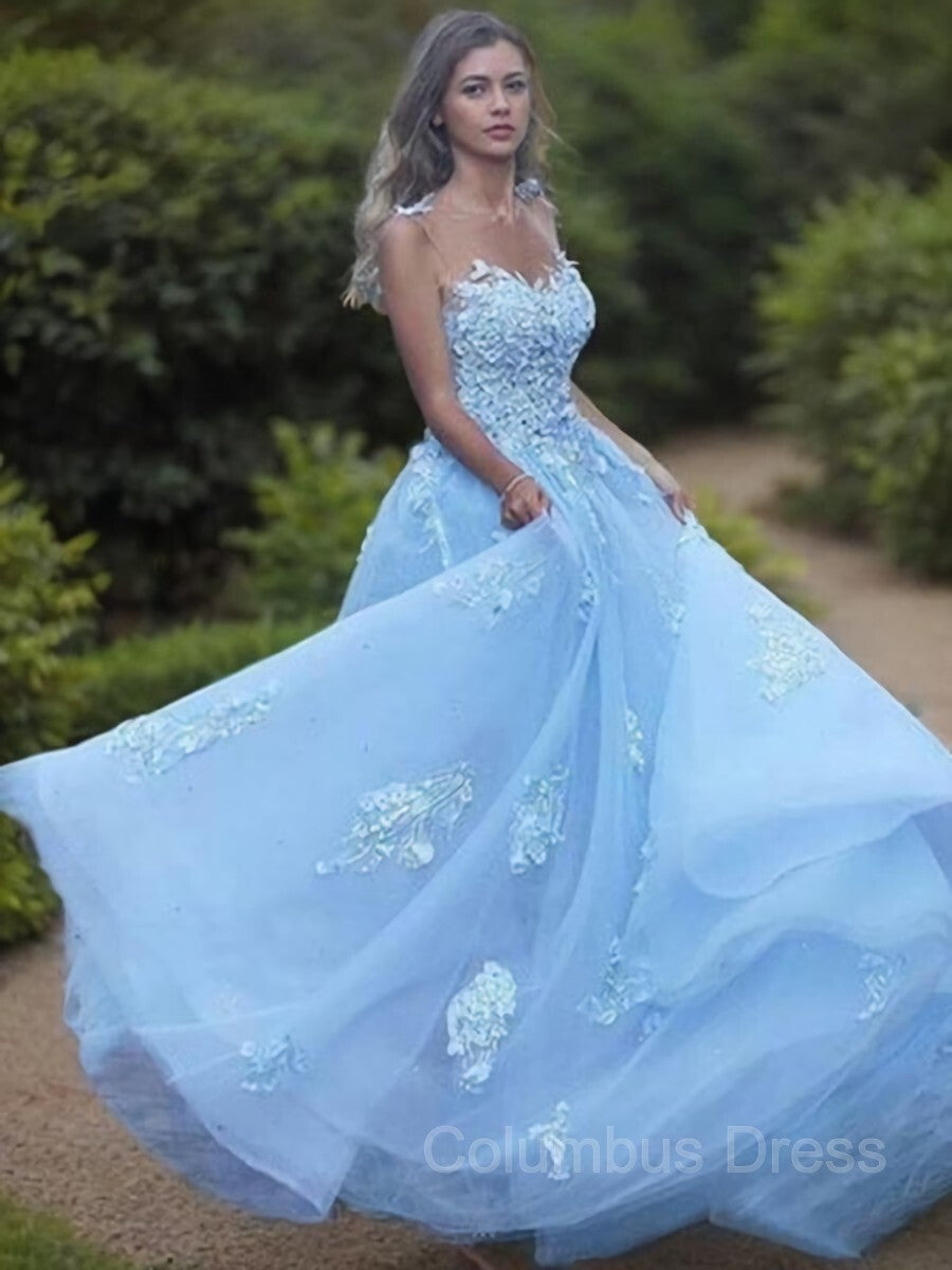 Formal Dress Wear For Ladies, A-Line/Princess Bateau Sweep Train Tulle Prom Dresses With Appliques Lace