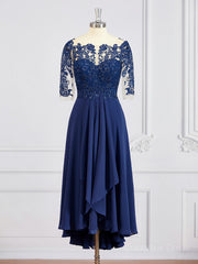 Prom Dress Blue Lace, A-Line/Princess Bateau Tea-Length Chiffon Mother of the Bride Dresses With Appliques Lace