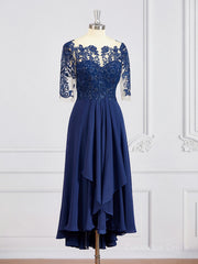 Prom Dress Light Blue, A-Line/Princess Bateau Tea-Length Chiffon Mother of the Bride Dresses With Appliques Lace