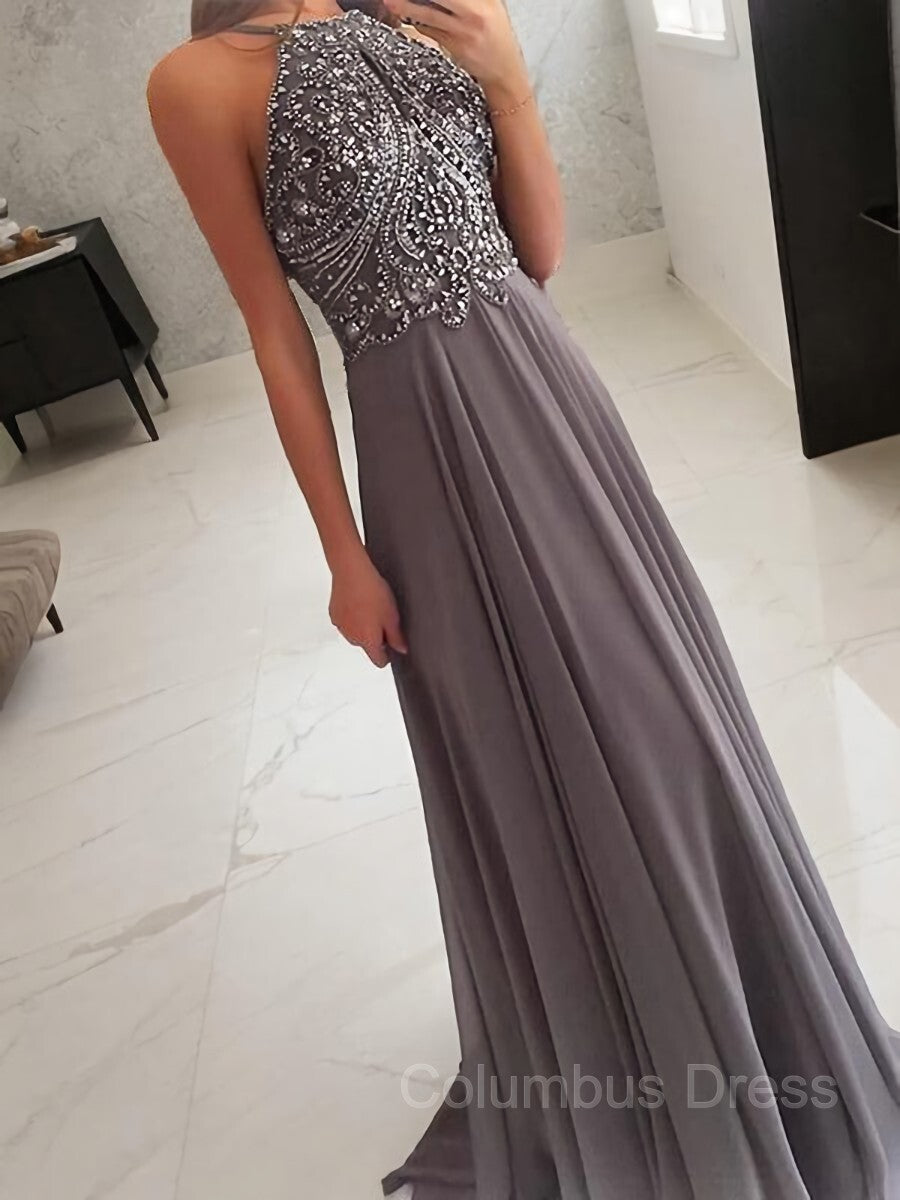 Party Dress Brands Usa, A-Line/Princess Halter Floor-Length Chiffon Prom Dresses With Beading
