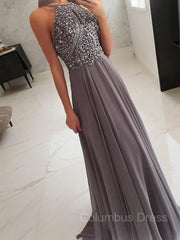 Party Dress Brands Usa, A-Line/Princess Halter Floor-Length Chiffon Prom Dresses With Beading