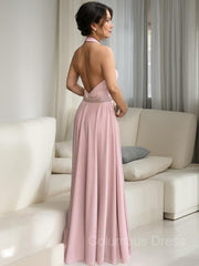 Party Dress Glitter, A-Line/Princess Halter Floor-Length Stretch Crepe Mother of the Bride Dresses With Ruffles