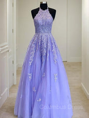 Bridesmaid Dress By Color, A-Line/Princess Halter Floor-Length Tulle Evening Dresses With Appliques Lace