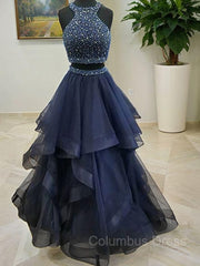 Prom Dresses Tulle, A-Line/Princess Halter Floor-Length Tulle Prom Dresses
