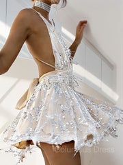 Party Dress Couple, A-Line/Princess Halter Short/Mini Lace Homecoming Dresses With Beading