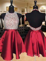 Bridesmaid Dress Shopping, A-Line/Princess Halter Short/Mini Satin Homecoming Dresses With Beading