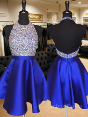 Bridesmaids Dresses Satin, A-Line/Princess Halter Short/Mini Satin Homecoming Dresses With Beading