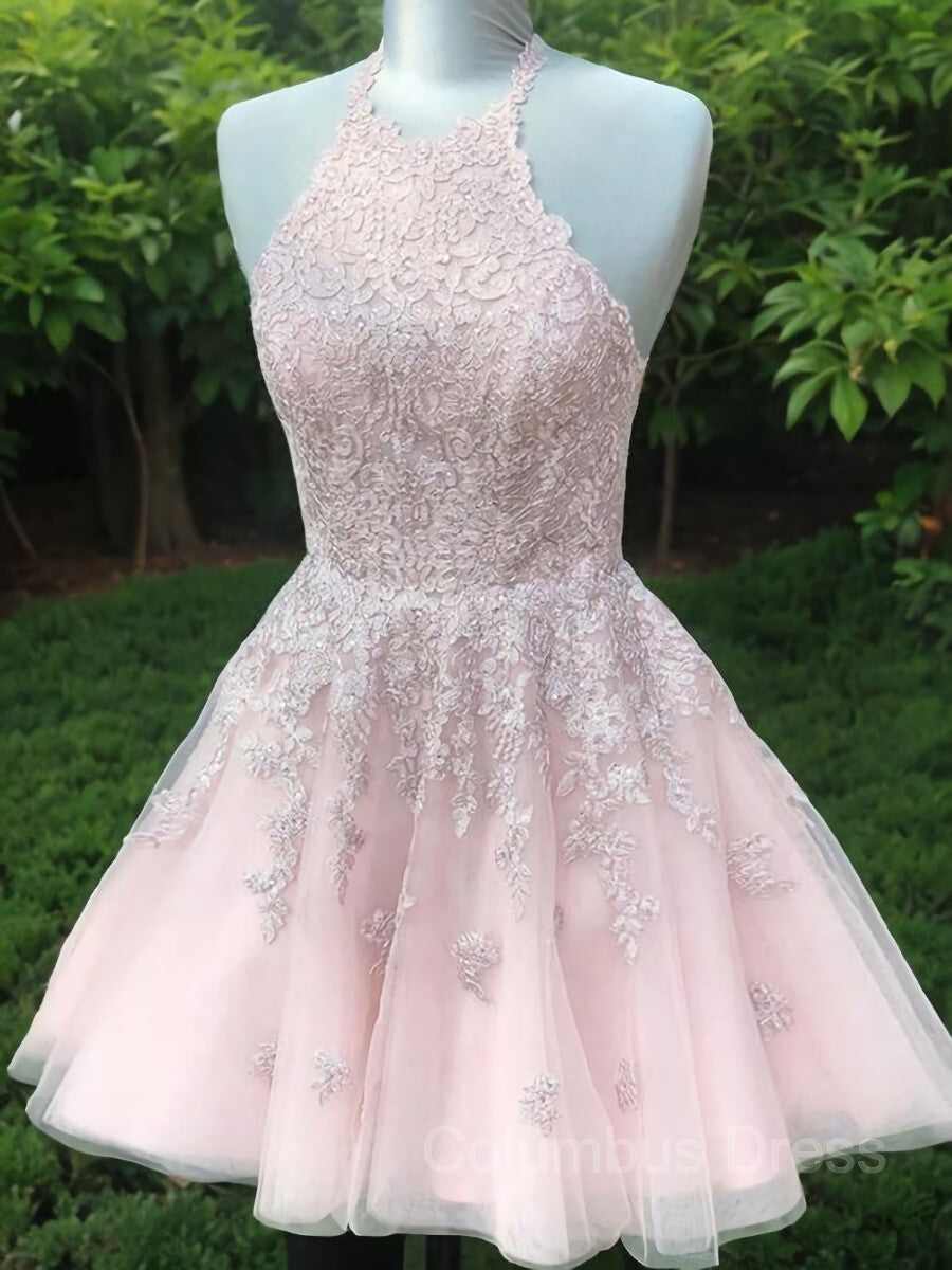 Party Dresses Australia, A-Line/Princess Halter Short/Mini Tulle Homecoming Dresses With Appliques Lace