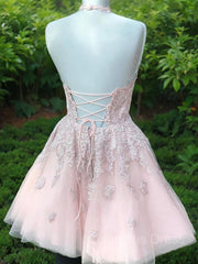 Party Dress Australian, A-Line/Princess Halter Short/Mini Tulle Homecoming Dresses With Appliques Lace