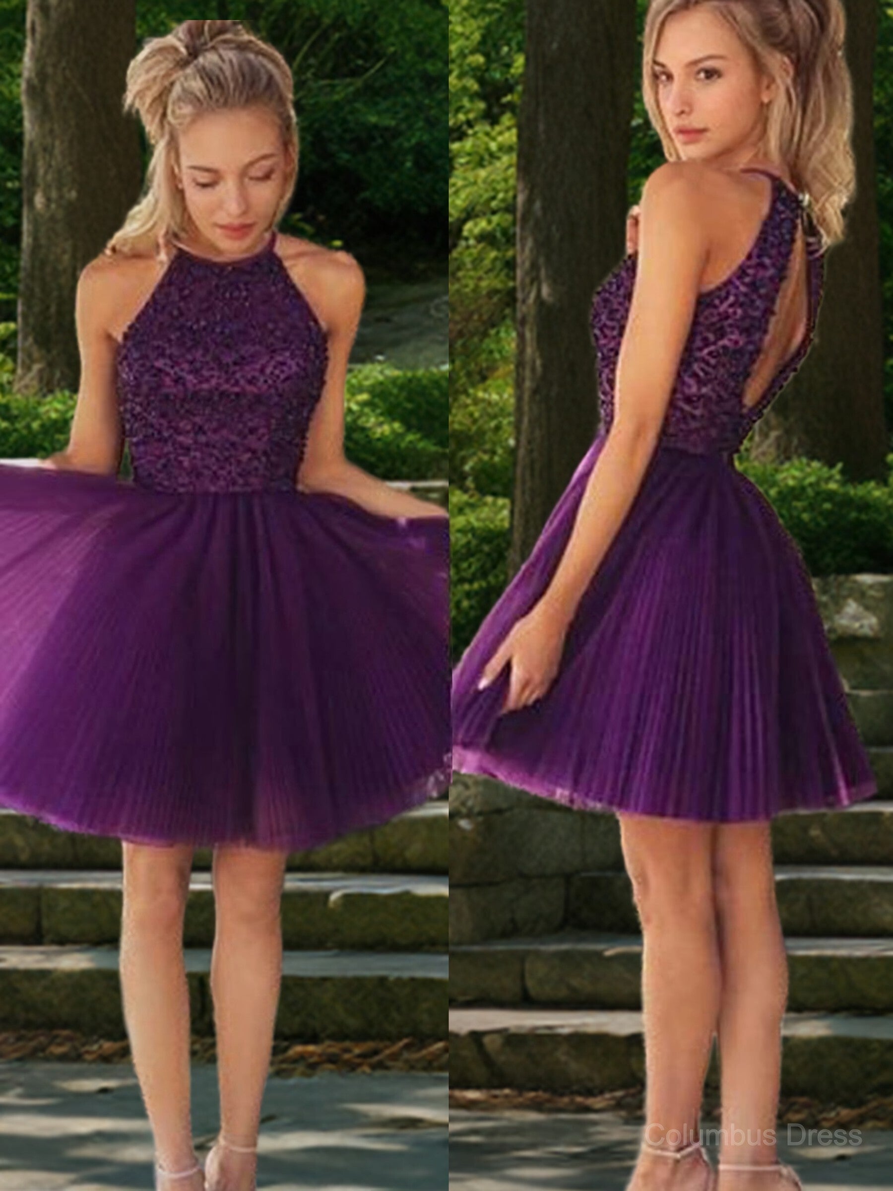 Prom Dress Bodycon, A-Line/Princess Halter Short/Mini Tulle Homecoming Dresses With Beading