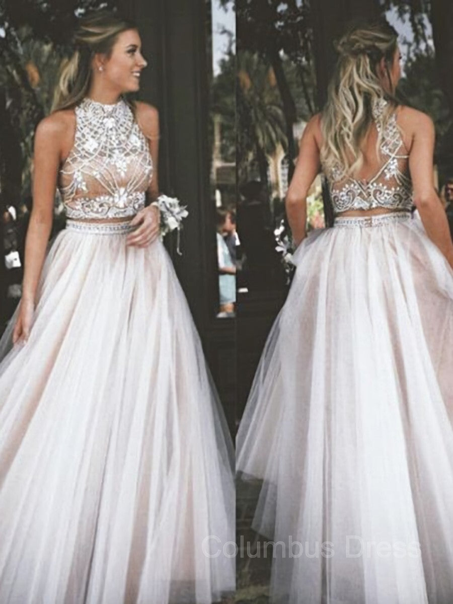 Prom Dresses Blushes, A-Line/Princess High Neck Floor-Length Tulle Evening Dresses