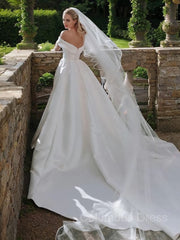 Wedding Dresses For Beach Weddings, A-Line/Princess Off-the-Shoulder Cathedral Train Satin Wedding Dresses