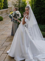 Wedding Dresses Lace Simple, A-Line/Princess Off-the-Shoulder Cathedral Train Satin Wedding Dresses