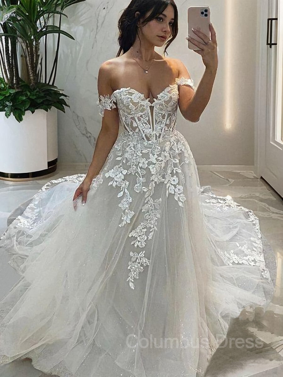 Wedding Dresses Shops, A-line/Princess Off-the-Shoulder Chapel Train Tulle Wedding Dress with Appliques Lace