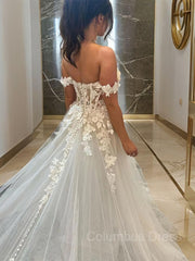 Wedding Dresses Shopping, A-line/Princess Off-the-Shoulder Chapel Train Tulle Wedding Dress with Appliques Lace
