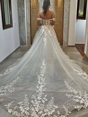 Wedding Dresses Shop, A-line/Princess Off-the-Shoulder Chapel Train Tulle Wedding Dress with Appliques Lace